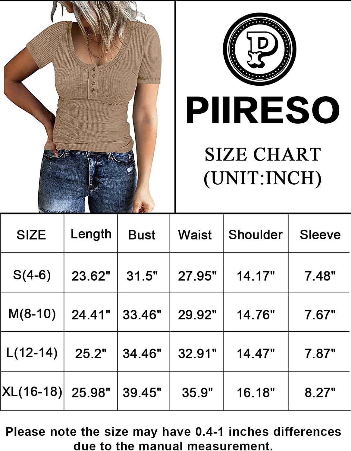 PIIRESO Women's Short Sleeve Button Scoop Neck Ribbed Shirts Summer Casual Solid Color Henley Top - Image 5